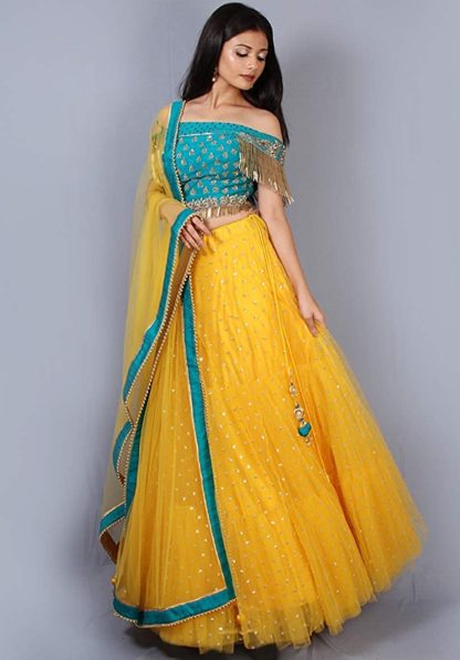 Women’s Stunning Blue & Yellow Net Lehenga Choli (Free Size)