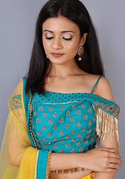 Women’s Stunning Blue & Yellow Net Lehenga Choli (Free Size)