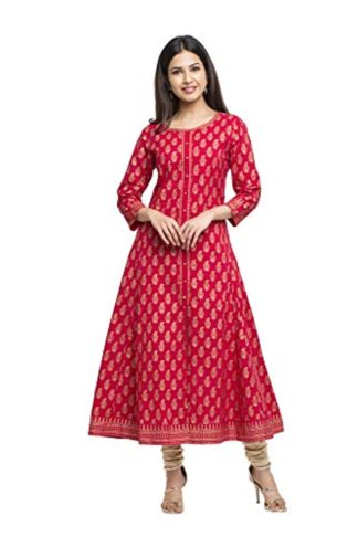 Women’s Pink Cotton Gold Print Anarkali Kurta