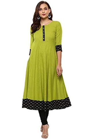 Womens Cotton Slub Printed Anarkali Kurta(Green)