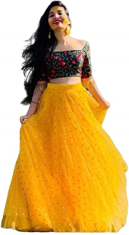 Women’s net Lehenga with Yellow dot Pattern Choli (Free Size)