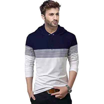 Men’s Hooded Neck Dark Blue & White Full Sleeve T-Shirt