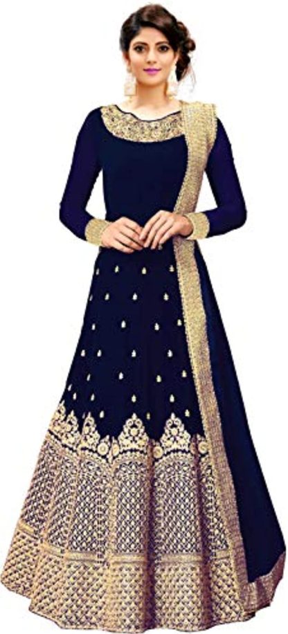 Women’s Embroidered Fentam Silk Semi Stitched Anarkali Gown (Free Size_Blue)