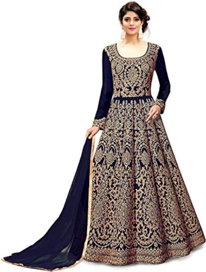 Women’s Embroidered Fentam Silk Semi Stitched Anarkali Gown (Blue_Free Size)