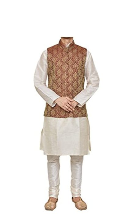 Modern Garments Mens Cream Kurta Pyjama with Ethnic Nehru jacket Set