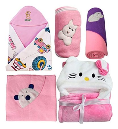 Newborn Baby Wrapper Blanket Gift Hamper-Set of 5 Pcs (Kitty-Pink)