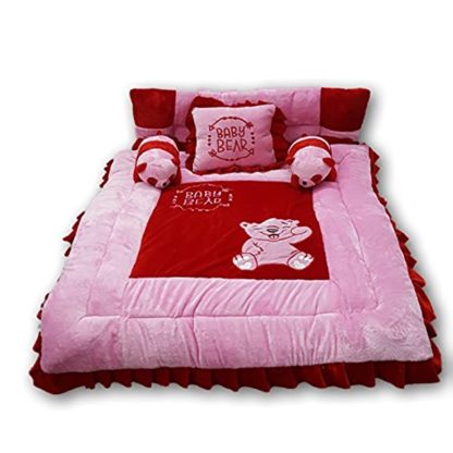 Full Sleeping Bedding Set with 2 Side Pillows in a Shape of Cute Bears for baby(0-30 Months, Pink and Red) - Image 2