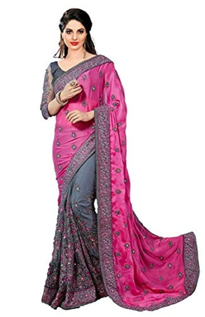 Women's Pink Satin and Net Saree With Unstitched Blouse Piece