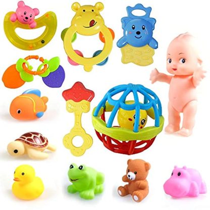 13Pcs Combo Pack of Rattles, Teethers and Chu Chu Animal Shape Bath Toys Non Toxic BPA Free Set for Infants