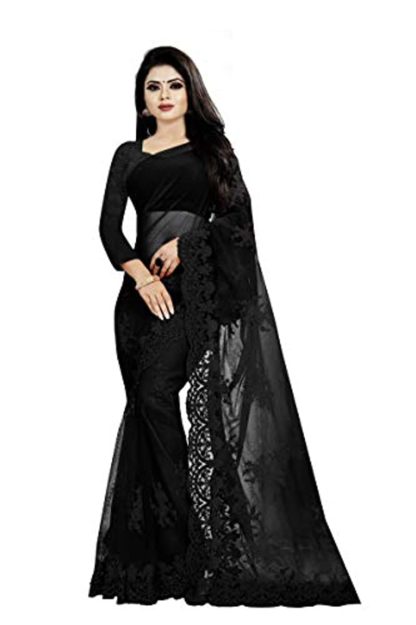 Women's Embroidered Work Net Saree With Blouse Piece.