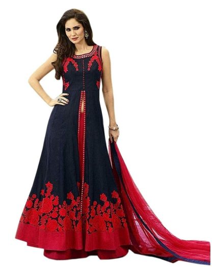 Women’s Embroidered Semi Stitched Anarkali Gown (Free Size) (Blue-Red)