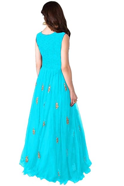 Heavy Soft Net Fabric Embroidery Work Round Neck Sleeveless Long Semi Stitched Gown For Women