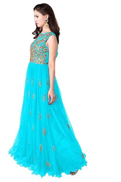 Heavy Soft Net Fabric Embroidery Work Round Neck Sleeveless Long Semi Stitched Gown For Women