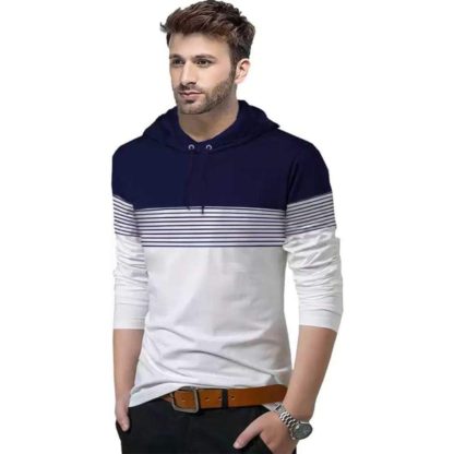 Men’s Hooded Neck Dark Blue & White Full Sleeve T-Shirt