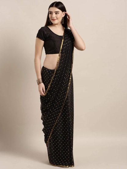 Women’s Chiffon Gold Print Polka Dots Saree