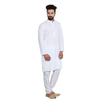 Men’s Cream Pure Cotton Chicken Kurta & Churidaar Pyjama